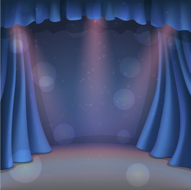 Pequeno teatro azul. Cortina de teatro com holofotes. Cortina de teatro aberta. Cenas laterais de seda azul no palco. Ilustração vetorial
 - Vetor, Imagem