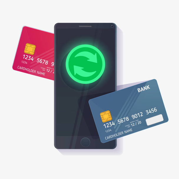 Mobile phone with credit cards. Mobile trade and convert concept - Vector, Image