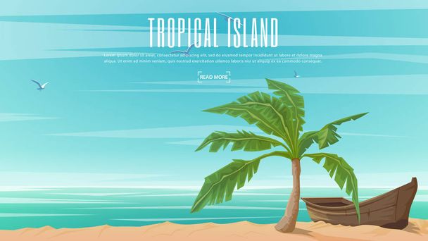 Cennet Adası tropikal palmiye ve ahşap tekne ile temanın vektör afiş - Vektör, Görsel