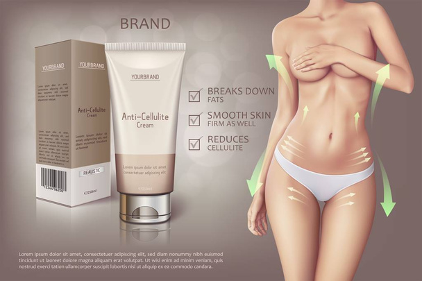 Design of web banner of anti-cellulite cream in tube with box. Advertising of means for care of body skin for women. Concept vector illustration of cosmetic cream with woman in white panties. - Vector, Image