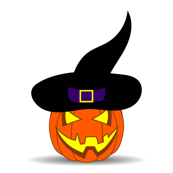 Aranyos rajzfilm Halloween tök vicces arc, tervezés, játék, kártya lila boszorkány kalap tök elszigetelt fehér background. Jack-O-Lantern. Varázsló kalapját. Vektoros illusztráció. - Vektor, kép