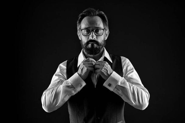 Fashion concept. Fashion man button shirt. Businessman in fashion wear. Senior hipster in fashion glasses. Designed for fit, black and white - Fotoğraf, Görsel
