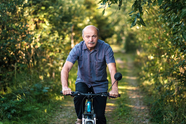 Joyful homem sênior andando de bicicleta em um parque em um belo dia ensolarado. Vida activa na terceira idade. Conceito de esporte em férias
 - Foto, Imagem