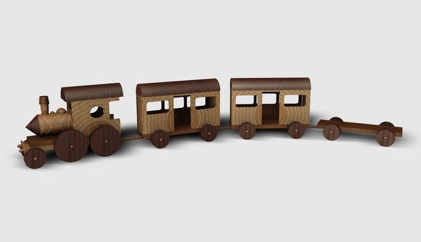 Tren de juguete de madera sobre un fondo neutro, representación 3D
 - Foto, Imagen