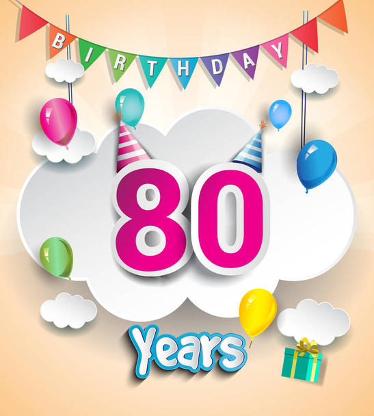 80 jaar verjaardag ontwerp voor wenskaarten en poster, met geschenkdozen, ballonnen. Ontwerpsjabloon voor de verjaardagsviering - Vector, afbeelding