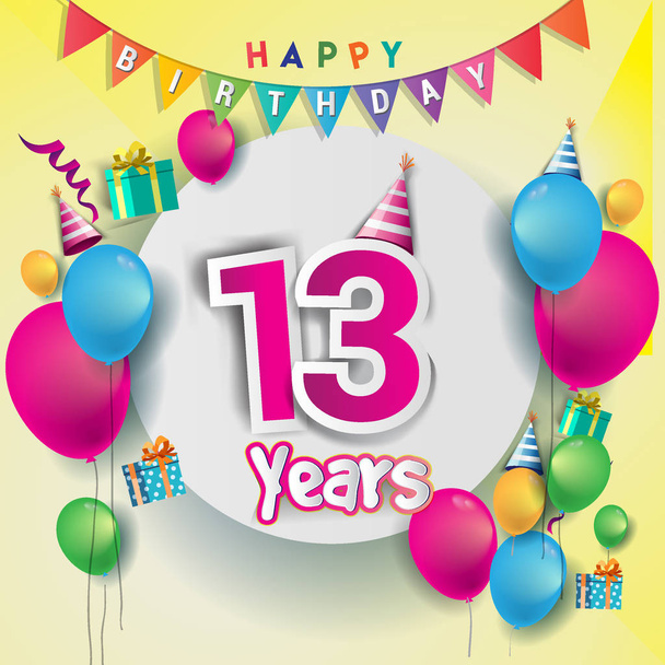 13 years Anniversary Celebration Design with balloons and gift box, Colorful design elements for banner and invitation card. - Vector, Image
