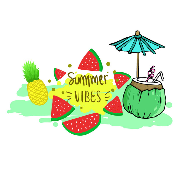 Summer background, logo, hand drawn and design elements for summer holiday, Vector illustration for poster and invitation. - Vector, imagen