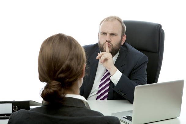 beard business man brunette woman at desk has a secret - Photo, image