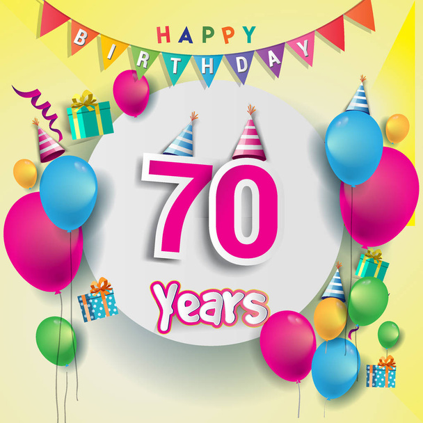 70 Jahre Jubiläumsfeier mit Luftballons und Geschenkbox, bunten Gestaltungselementen für Banner und Einladungskarte. - Vektor, Bild