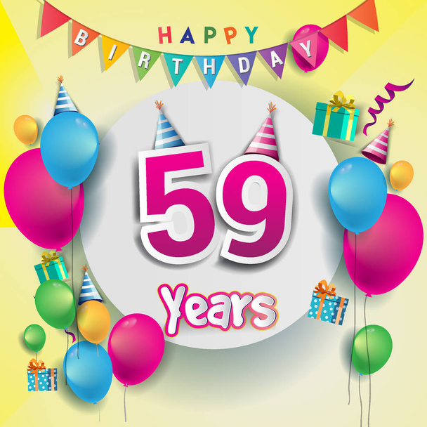 59 éves évforduló ünneplés Design léggömbök és ajándék doboz, színes látványelemek banner és a meghívás kártya. - Vektor, kép