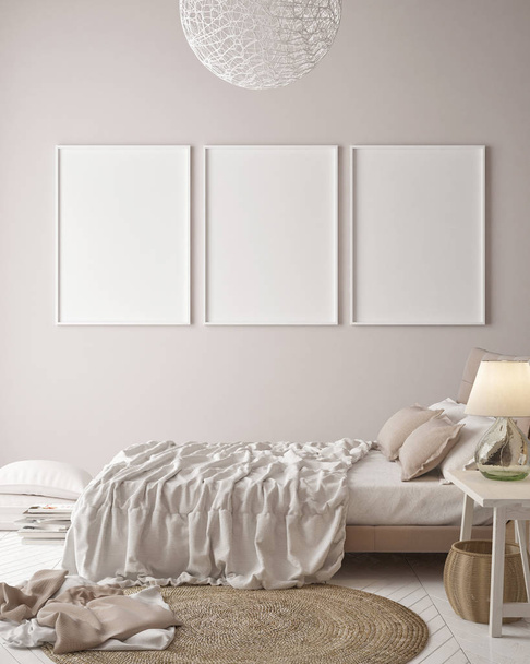 Mock up posters on minimalism pastel wall , hipster bedroom, 3d render , 3d illustration - Photo, Image