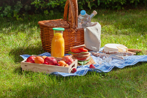 Picknickmand met verschillende snacks op het groene gras in de tuin - Foto, afbeelding