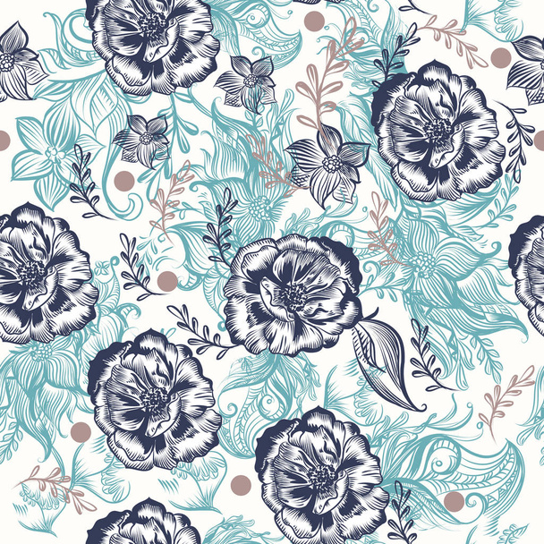 Beautiful floral pattern with doodles and rose flowers - Vector, afbeelding