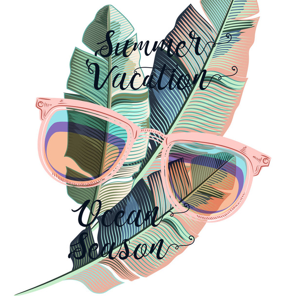 Beautiful summer poster with banana palm leafs and sun glasses, vacations - Вектор, зображення