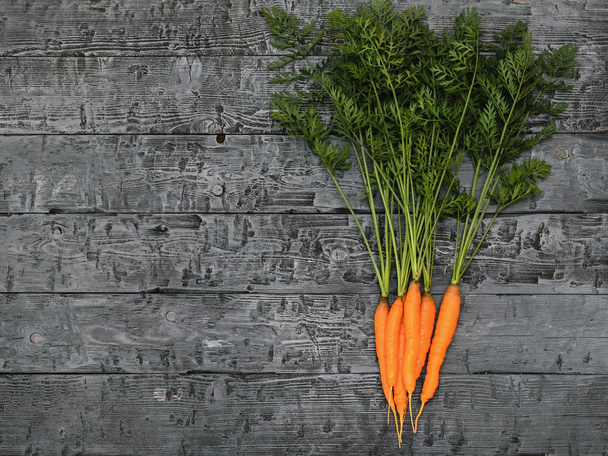 Un mazzo di carote fresche ed erbe su un tavolo rustico nero. Il concetto di cibo vegetariano con prodotti naturali. La vista dall'alto. Posa piatta
. - Foto, immagini
