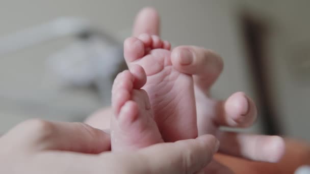 Jonge moeder zachtjes strelen de benen van haar pasgeboren baby - Video