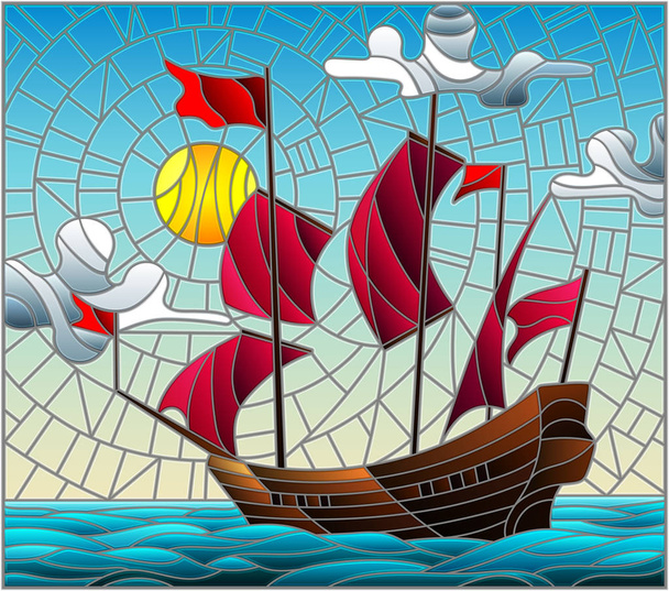 Εικονογράφηση στο λεκιασμένο γυαλί στυλ με ένα παλιό πλοίο, ιστιοπλοΐα με κόκκινα πανιά κατά τη θάλασσα, ήλιο και ουρανό, Θαλασσογραφία  - Διάνυσμα, εικόνα