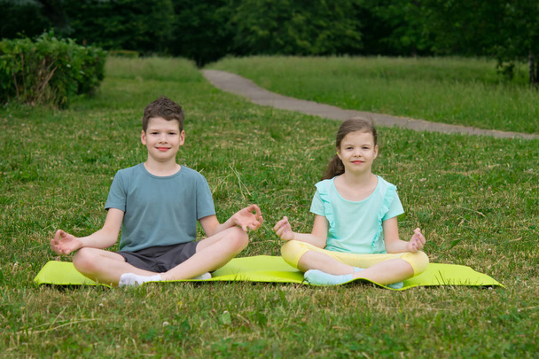 a boy and a girl doing yoga, outdoors, sitting on  Mat, on the grass - Fotografie, Obrázek