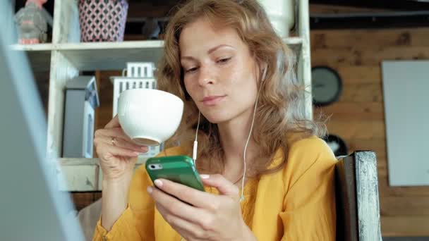 Young woman with a modern laptop sitting in a cafe and drinking coffee cappuccino - Filmmaterial, Video