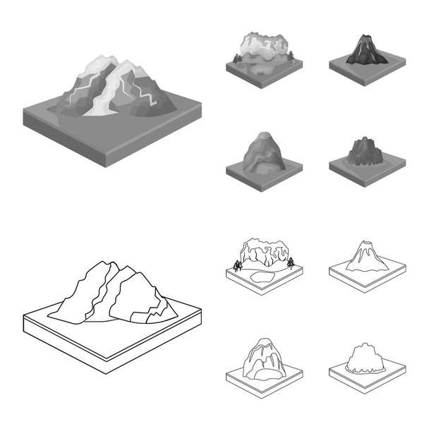 Mountains, rocks and landscape. Relief and mountains set collection icons in outline,monochrome style isometric vector symbol stock illustration web. - Вектор,изображение