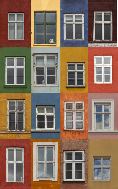 Окна на красочных фасадов из гавани Нихавн, Копенгаген, Дания
 - Фото, изображение