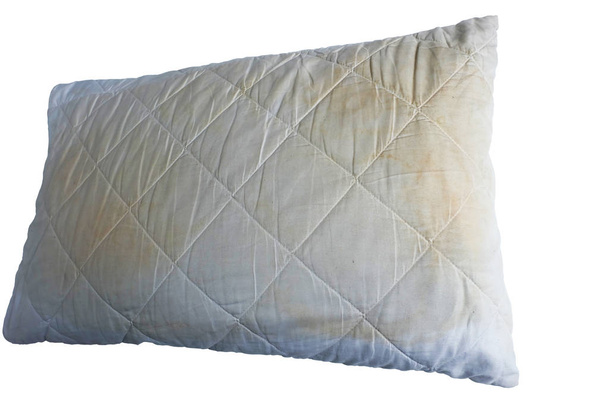 Брудна подушка на білому ліжку
 - Фото, зображення