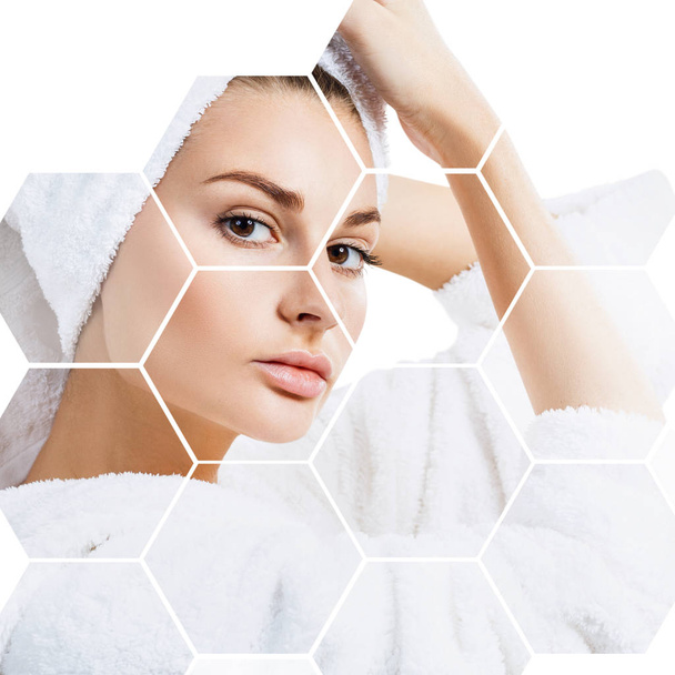 Beautiful female face in honeycombs. Spa and face lifting concept. - Photo, Image