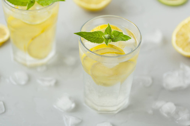 Alcoholic drink (gin and tonic) with lemon, lime, mint  and ice. - Valokuva, kuva