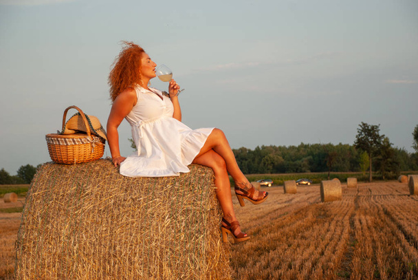 Femme rousse posant sur le terrain près d'une meule de foin
 - Photo, image
