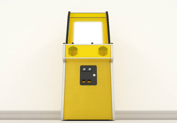 Uma máquina de arcade sem marca amarela vintage com uma tela em branco em um fundo de sala vintage renderização 3D
 - Foto, Imagem