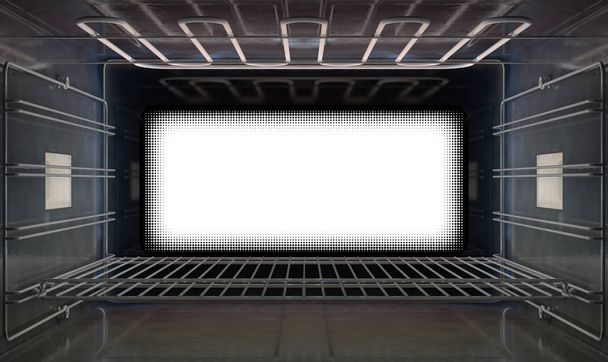 Una sección transversal vista desde el interior de un horno doméstico vacío mirando hacia la puerta cerrada - 3D render
 - Foto, Imagen