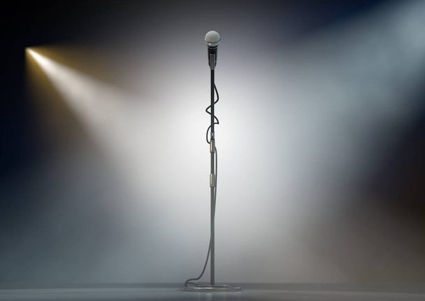Un palcoscenico buio con un unico microfono su uno stand drammaticamente illuminato da due faretti - rendering 3D
 - Foto, immagini