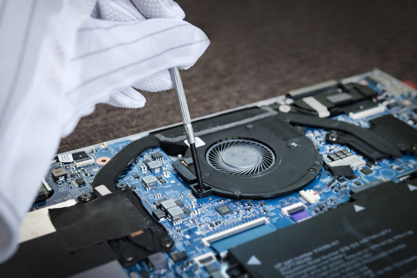 Man in white gloves Installing laptop fan using screw driver. Replacement cooler in modern thin ultrabook. Clean renovation. - Photo, Image