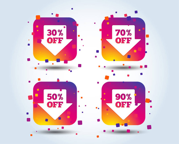 Sale arrow tag icons. Discount special offer symbols. 30%, 50%, 70% and 90% percent off signs. Colour gradient square buttons. Flat design concept. Vector - Vector, imagen