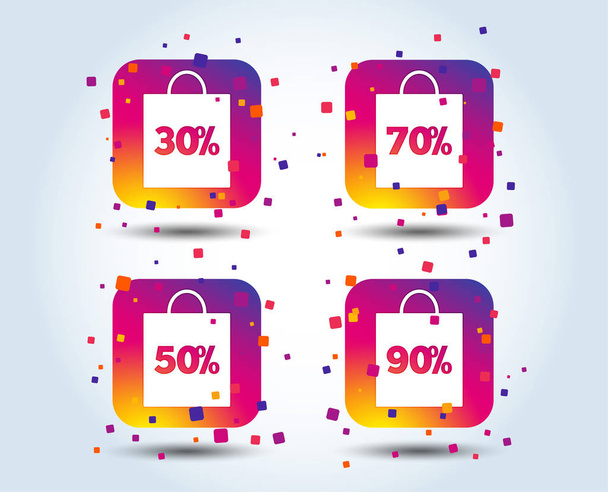 Sale bag tag icons. Discount special offer symbols. 30%, 50%, 70% and 90% percent discount signs. Colour gradient square buttons. Flat design concept. Vector - ベクター画像