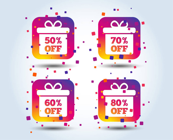 Sale gift box tag icons. Discount special offer symbols. 50%, 60%, 70% and 80% percent off signs. Colour gradient square buttons. Flat design concept. Vector - Vektör, Görsel