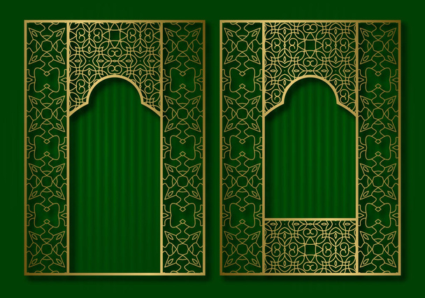 Vintage-Rahmen in Form orientalischer Tür und Fenster. Broschüre, Buch oder Grußkarte goldenes Cover-Hintergrunddesign. - Vektor, Bild