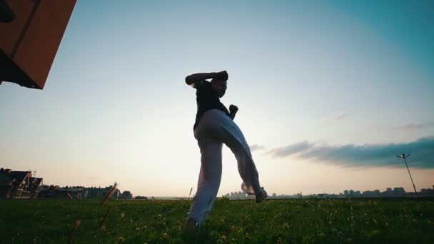 Сильный выносливый мужчина танцует капоэйру на траве летним вечером
 - Кадры, видео