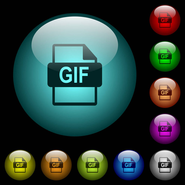 gif-Dateiformat-Symbole in farbig beleuchteten sphärischen Glasknöpfen auf schwarzem Hintergrund. kann für schwarze oder dunkle Vorlagen verwendet werden - Vektor, Bild