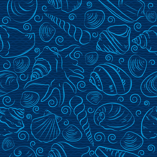 Seamless Patterns with  summer symbols, shellfish and clams  on a blue backgrounds, vector illustration - Vektör, Görsel