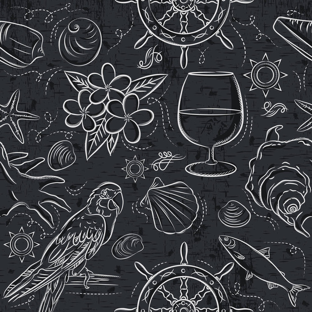 Seamless Patterns with  summer symbols,ship rudder,  parrot, cocktail, fish on  grunge blackboard, vector illustration - Vettoriali, immagini