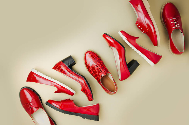 Stylish female spring or autumn shoes in red colors. - Фото, изображение