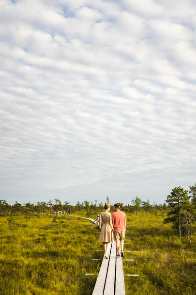 πίσω όψη του ζευγάρι στην αγάπη περπάτημα σε ξύλινη γέφυρα με πράσινα φυτά και σε φόντο μπλε του ουρανού - Φωτογραφία, εικόνα