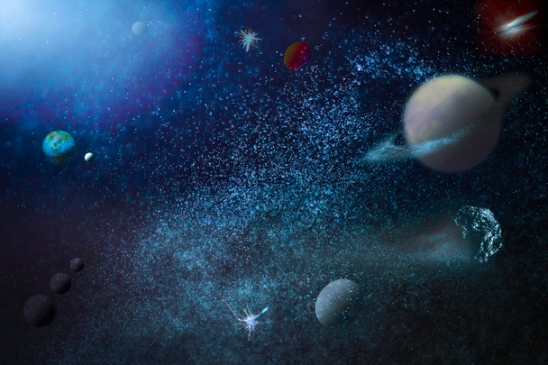  planeettoja aurinkokunnan pimeässä avaruudessa taustalla
 - Valokuva, kuva