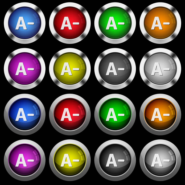 Disminuir el tamaño de fuente iconos blancos en botones brillantes redondos con marcos de acero sobre fondo negro. Los botones están en dos estilos diferentes y ocho colores
. - Vector, imagen