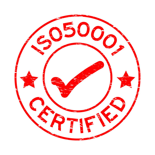 Grunge rode Iso 50001 met mark pictogram ronde stempel-zegel op witte achtergrond - Vector, afbeelding