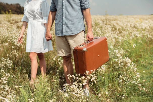 tiro recortado de pareja con maleta retro cogida de la mano mientras está de pie en el campo con flores silvestres
 - Foto, imagen