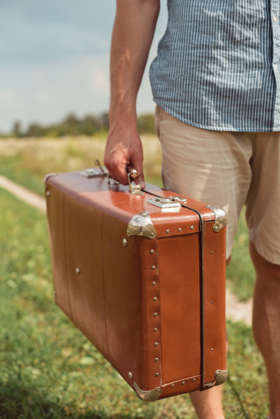 cropped shot of man holding retro suitcase in filed with wild flowers on summer day - Foto, Imagen