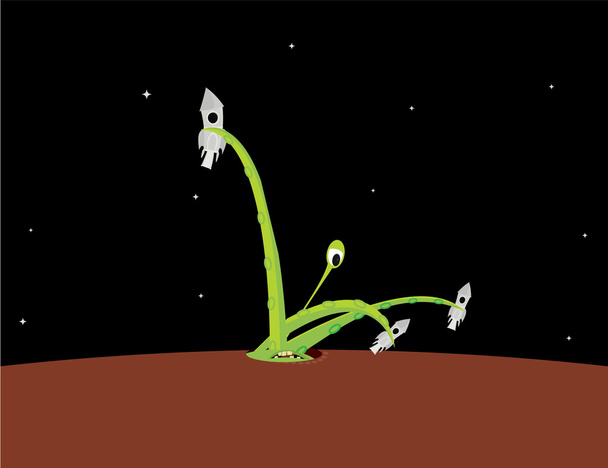 groene alien aanvallende raketten van de ruimte - Vector, afbeelding