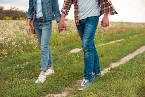 περικοπεί shot ζευγάρι κρατώντας τα χέρια, ενώ το περπάτημα στο πεδίο με τα άγρια λουλούδια - Φωτογραφία, εικόνα